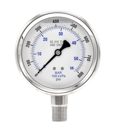 Pro 4 in Dial, 0/800 PSI & Bar, 1/2 in NPT, Lower Mount Glycerin Filled Pressure Gauge PRO-301L-402L-01